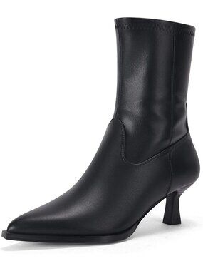 Women's Black Stacked Kitten Low Heel Side Zipper Fall Pointed Toe Ankle Boots